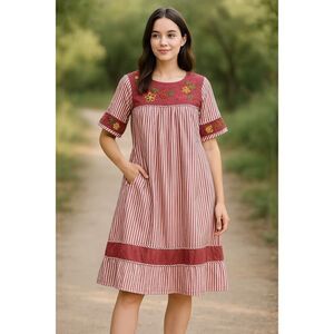 BECHAMEL Embroidered Floral Cotton Dress Small Red White Stripes Pockets Garden